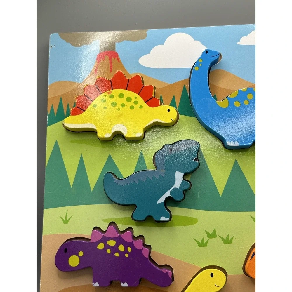 Wooden Arts Raised Chunky Dinosaurs Preschool 8 Pieces Wood TRAY Puzzle Colorful